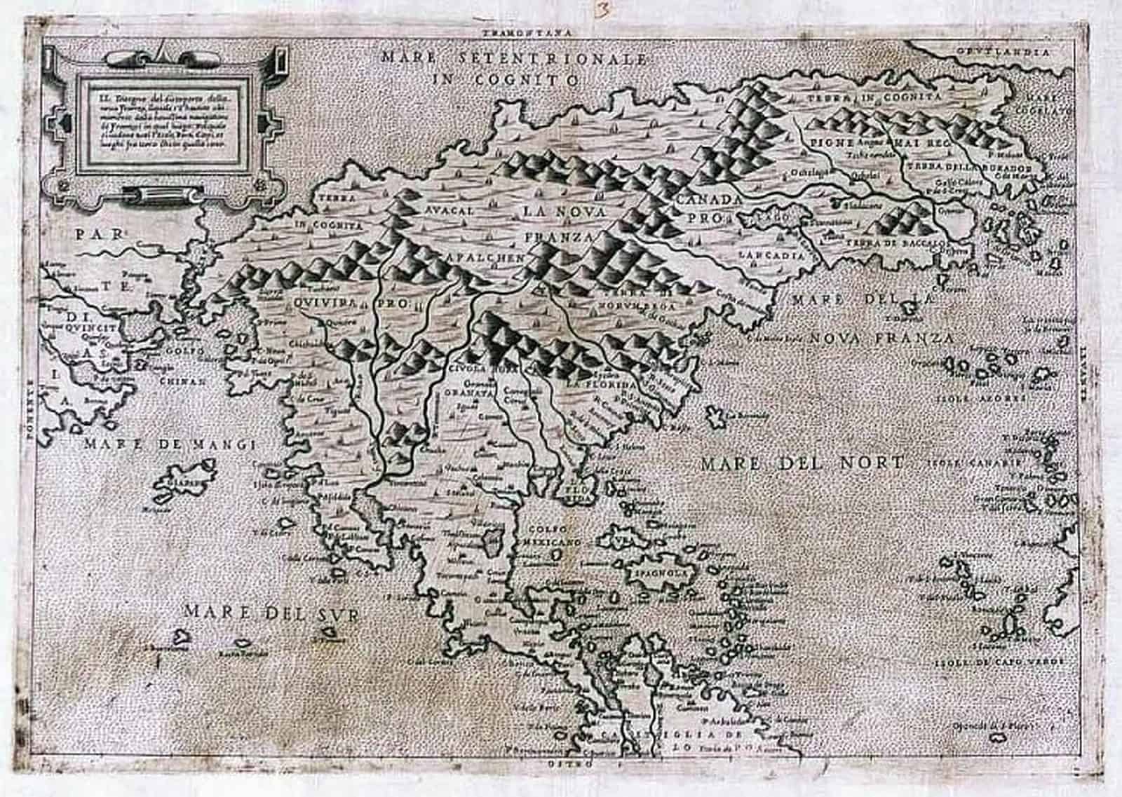 Eine der ersten Karten, in denen der Name „Canada“ auftaucht. Paulus de Furlanis Veronensis opus hoc exmi. Cosmographi D[omi]ni Iacobi Gastaldi Pedemontani Instaurauit, Venedig 1560 – Gemeinfrei