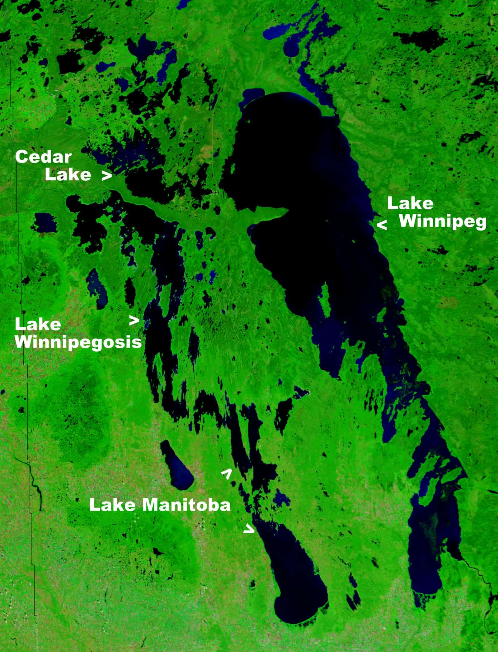 Der Lake Winnipeg aus dem All gesehen. Foto NASA/gemeinfrei