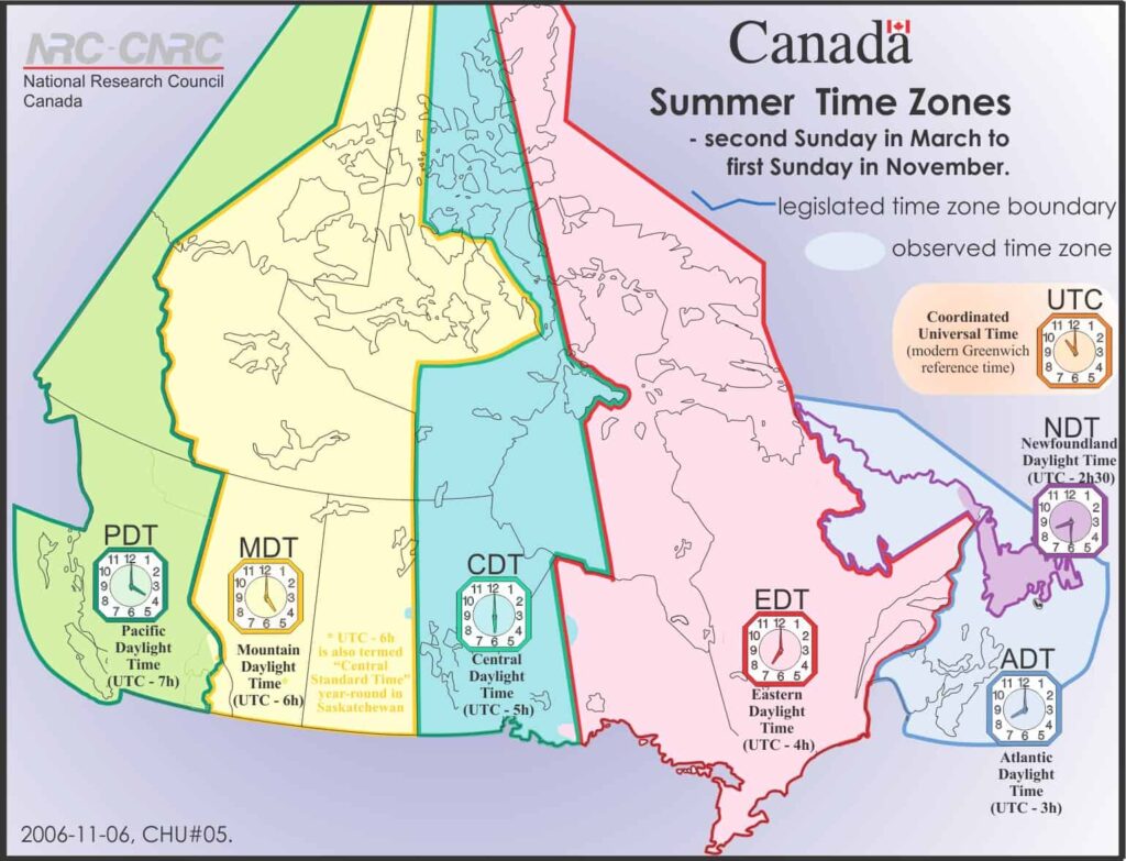 Die Zeitzonen in Kanada. Sommerzeit in Kanada. Graphik National Research Council Canada