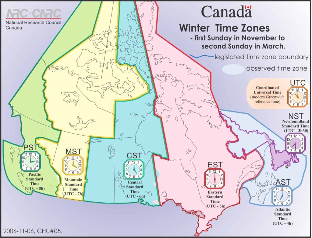 Die Zeitzonen in Kanada. Winterzeit in Kanada. Graphik National Research Council Canada