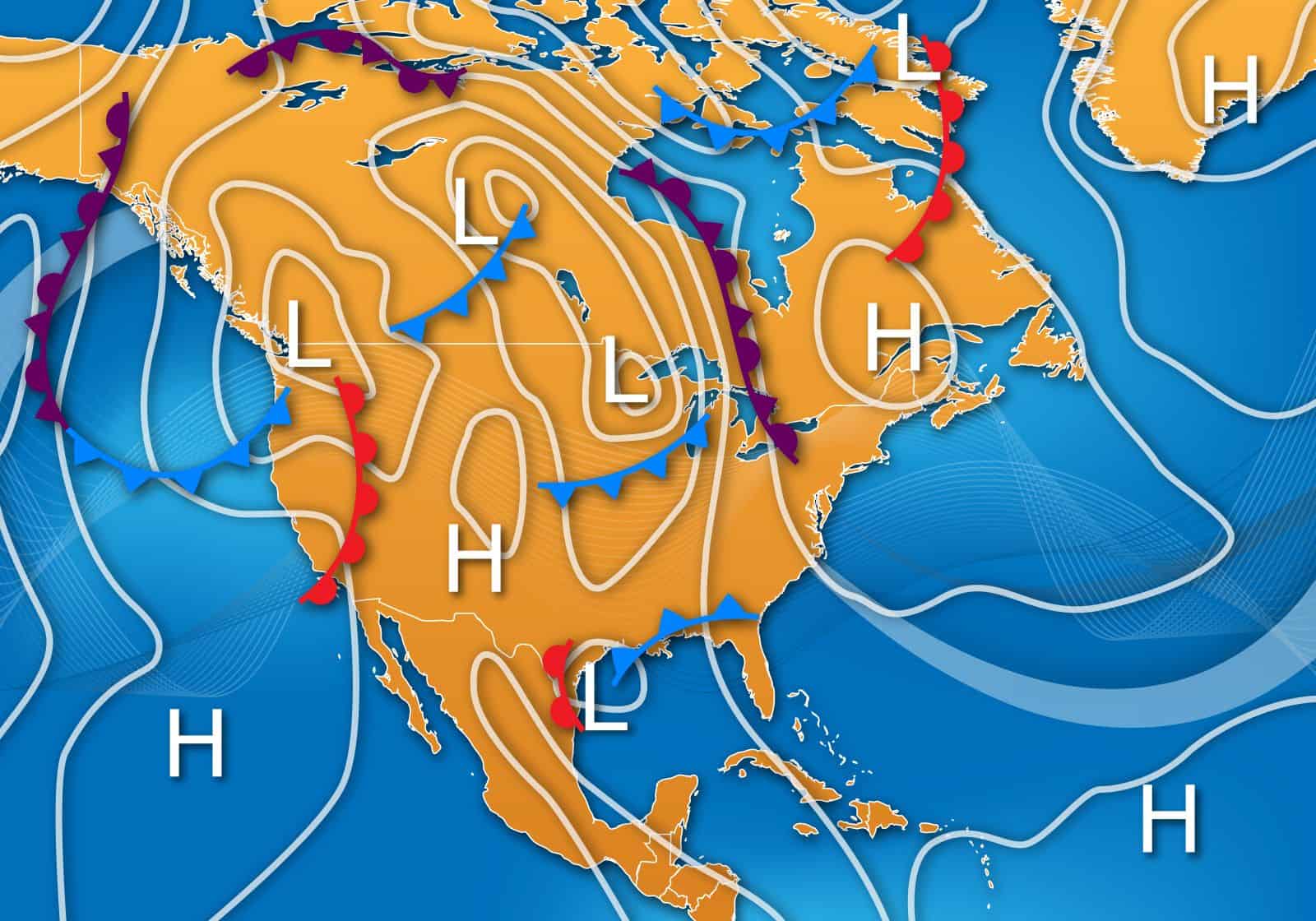 Das Wetter in Kanada. Symbolgraphik einer Wetterkarte für Nordamerika. Graphik oconner / Deposit